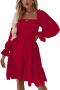 LYANER Square Neck Lantern Long Sleeve Ruffle Shirred Mini Dress you