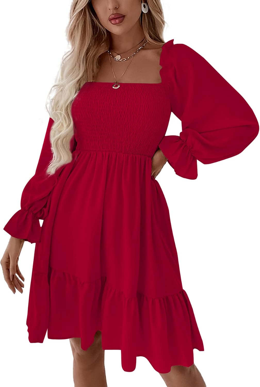 LYANER Women's Square Neck Lantern Long Sleeve Mini Dress