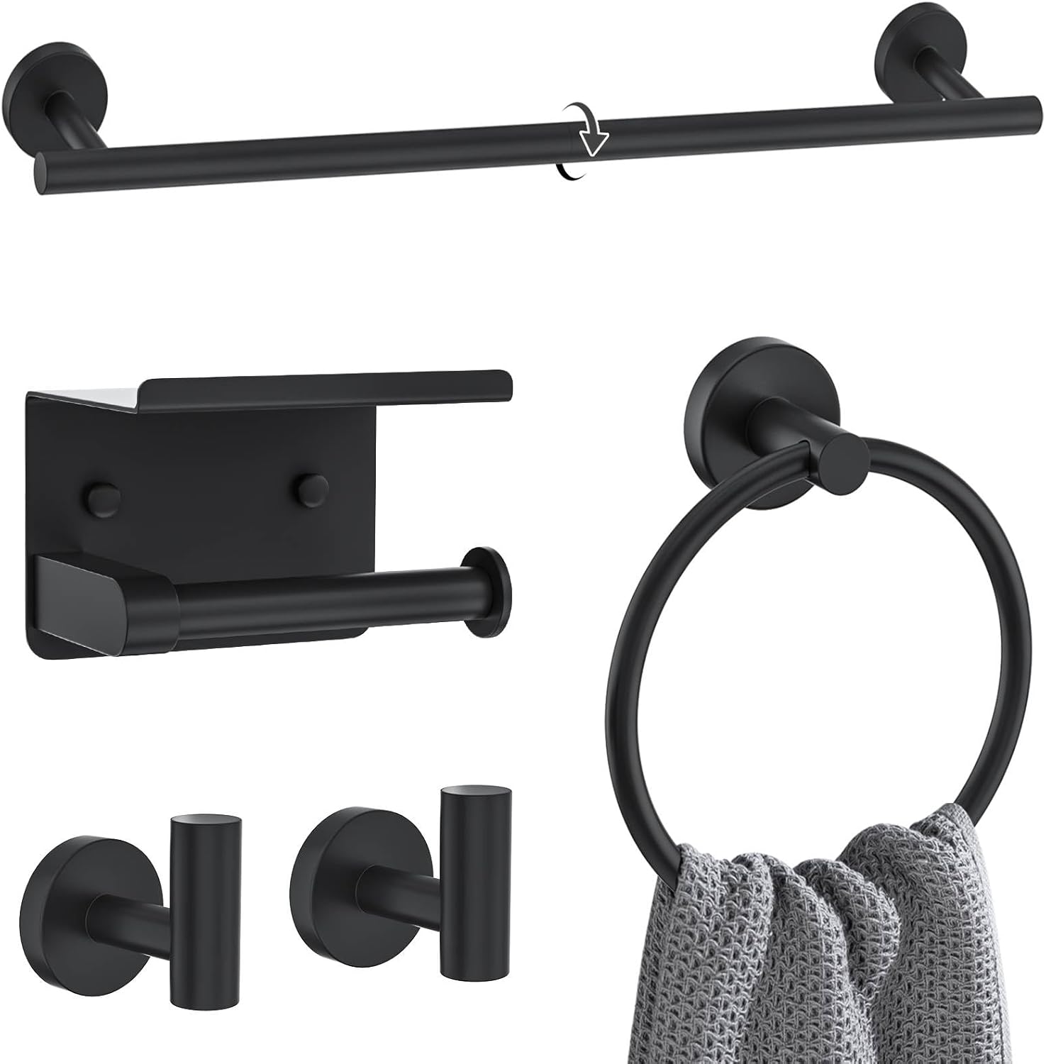 Matte Black Towel Bar Set - 5 Piece Bathroom Hardware Set