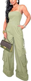 Womens Wide Leg Cargo Jumpsuit - Sleeveless One Piece Romper