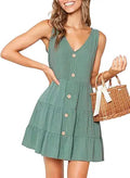 Women's V Neck Button Down Swing Short Dress - Casual Pocket Mini