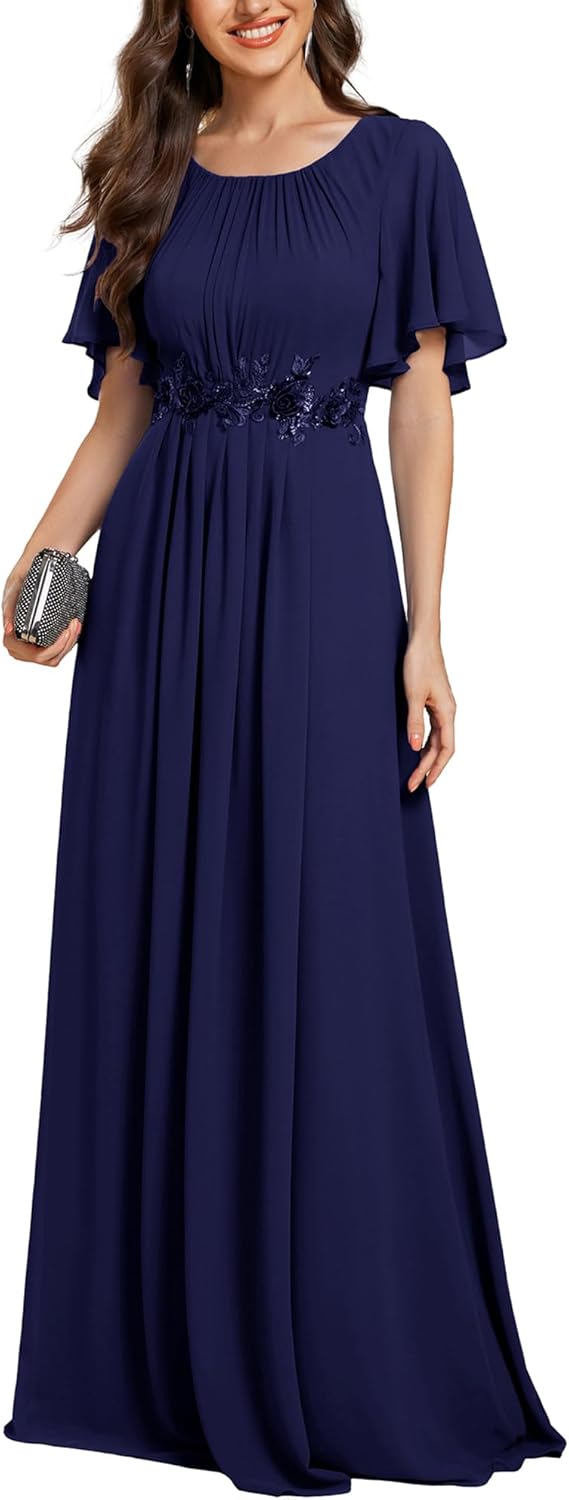 Chic A-Line Floor Length Evening Dress with Short Sleeves for Events
