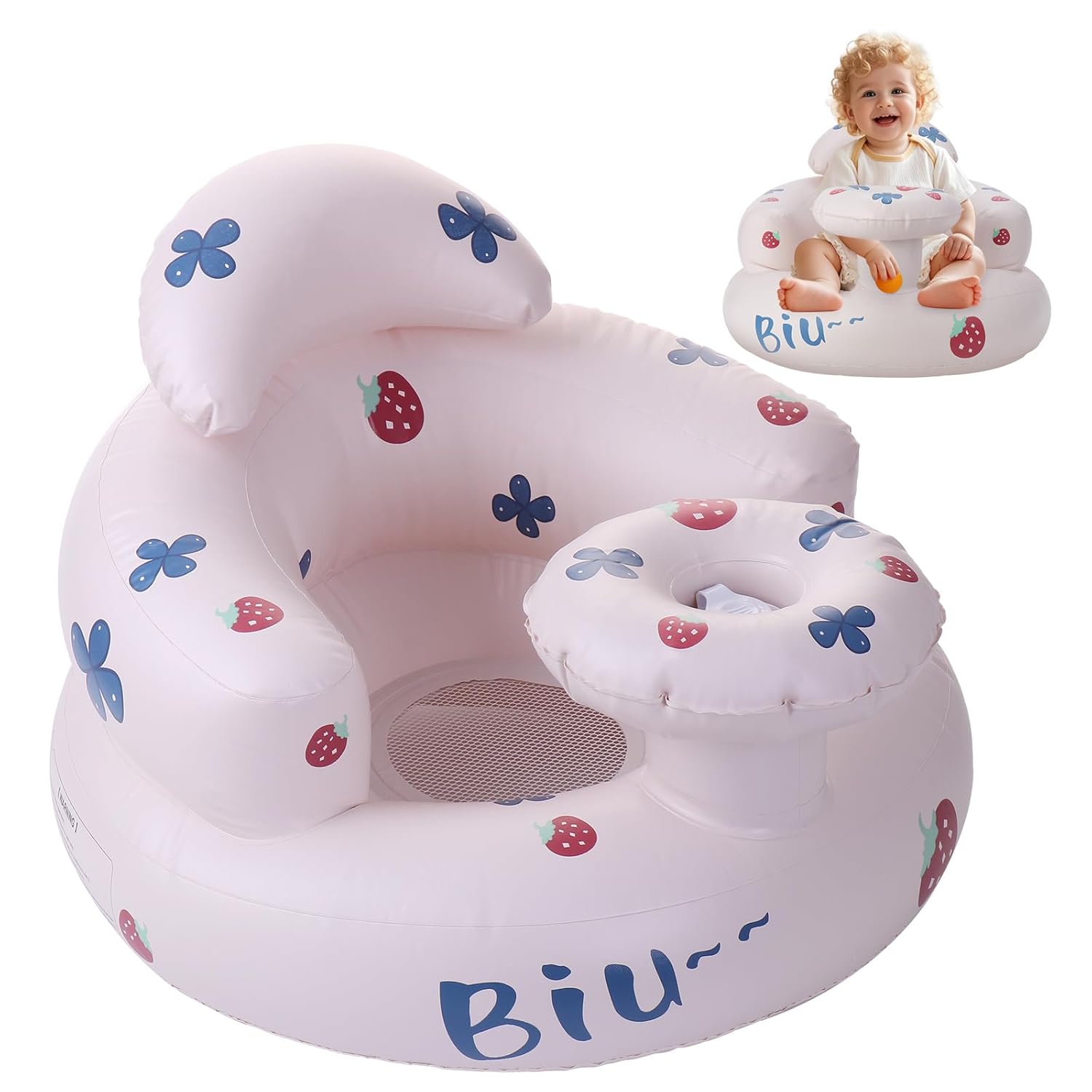 Inflatable Baby Seat with Built-in Air Pump - Supportive Toddler Chair (Strawberry)