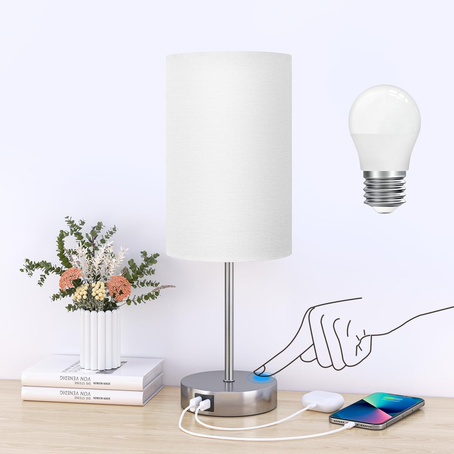 AKASUKI 18Inch Touch Lamp with Dual Charging Station for Home