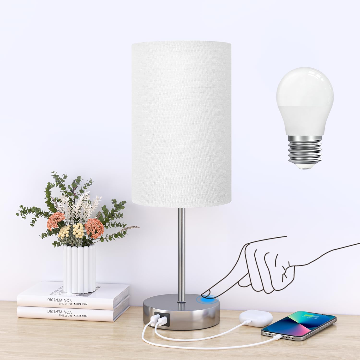 AKASUKI 18Inch Touch Lamp with Dual Charging Station for Home