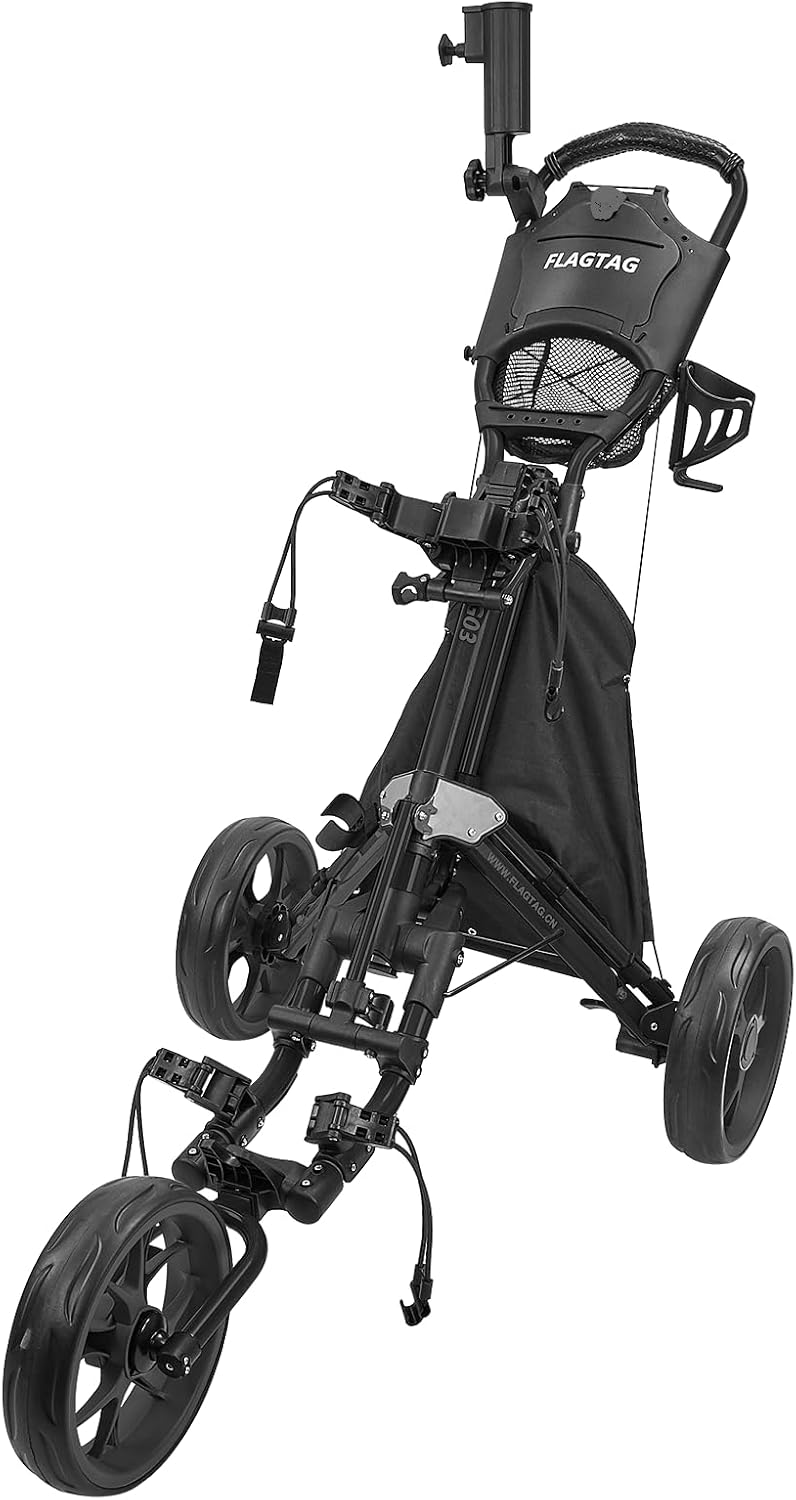 FLAGTAG Golf Push Cart: Easy Fold, Brake, Umbrella & Cup Holder