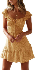 Womens Smocked Floral Tie Front Boho Mini Dress - Ruffle Hem