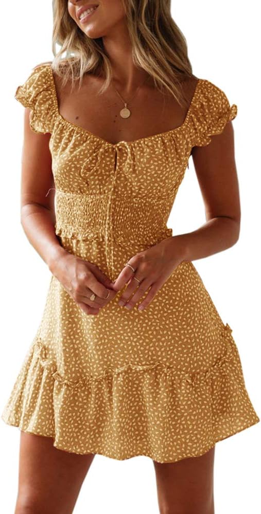 Valphsio Womens Smocked Dress Ruffle Floral Tie Front Boho Style