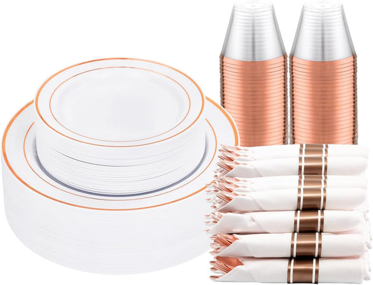 210PCS Rose Gold Plastic Dinnerware Set for 30 Guests