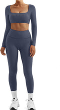 Women 2 Piece Workout Set Compression Leggings and Long Sleeve Crop