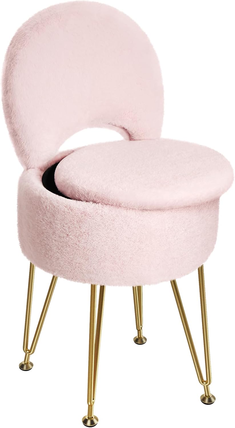 GREENSTELL Small Vanity Stool Chair with Storage and Folding Back