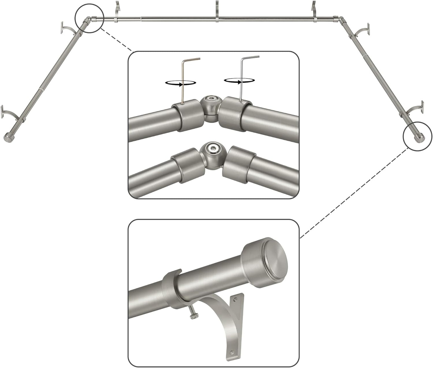 Brushed Nickel Bay Window Curtain Rods with Adjustable Lengths