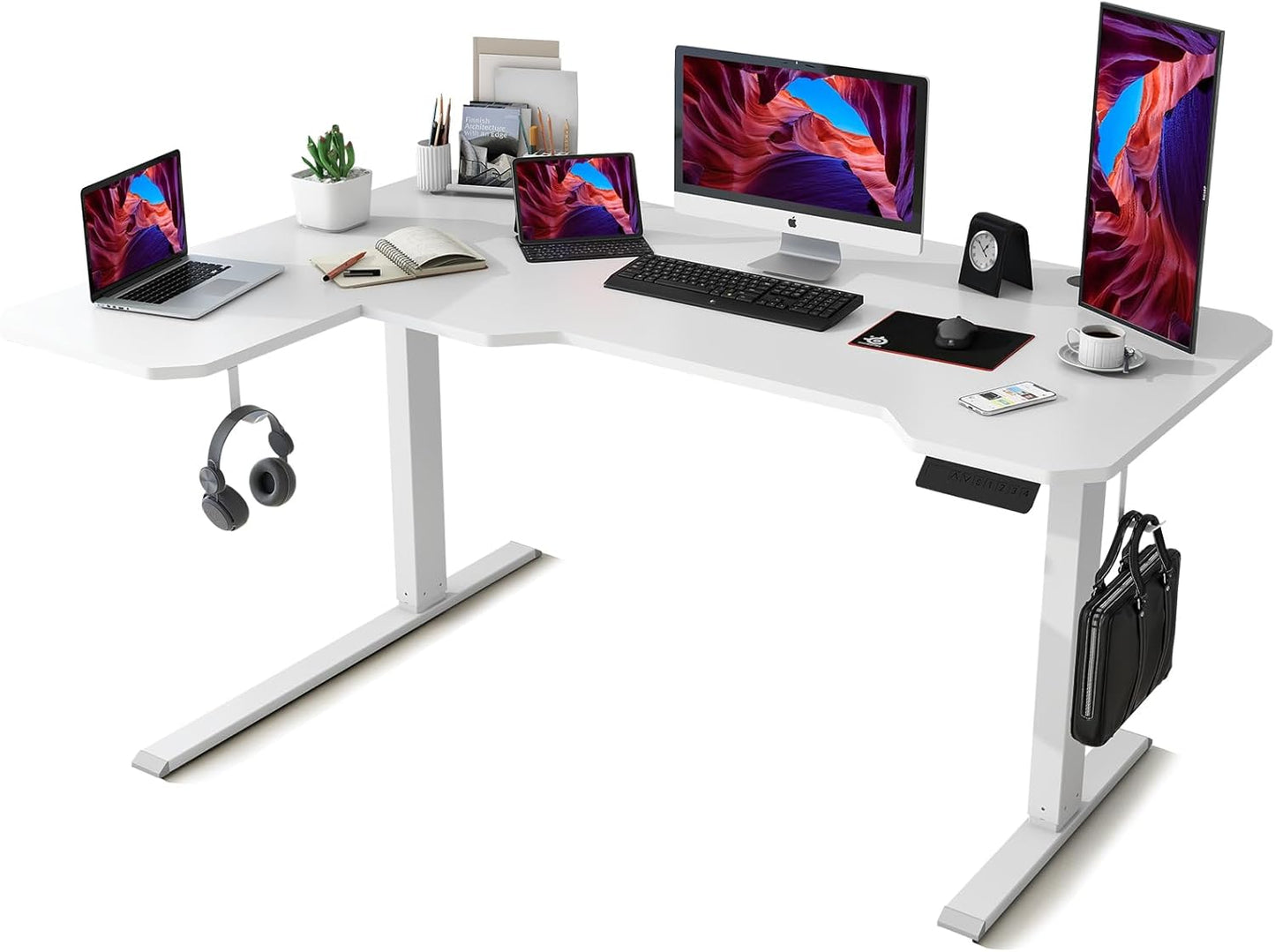 White L-Shaped Standing Desk - Adjustable Height - Win Up Time