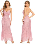 Women's V Neck Sequin Spaghetti Straps Irregular Hem Maxi Dress