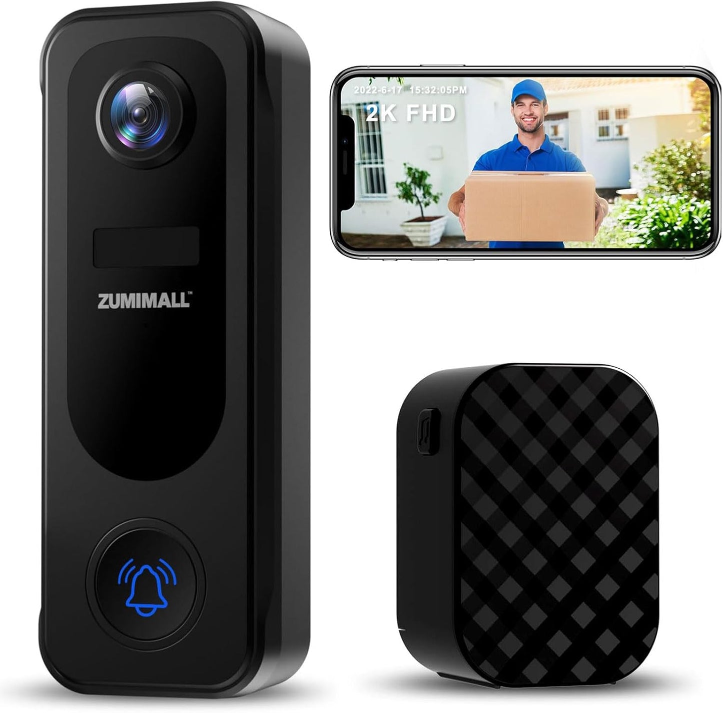 ZUMIMALL 2K Wireless Doorbell: Voice Changer, AI Detection, Cloud Storage