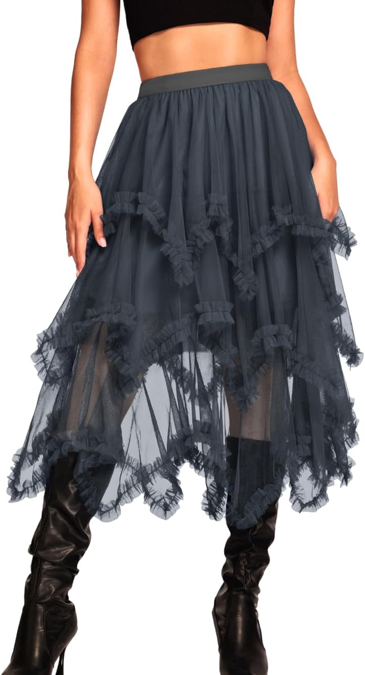 Kaei&Shi Long Tulle Skirt for Women - Asymmetrical Ruffle Design