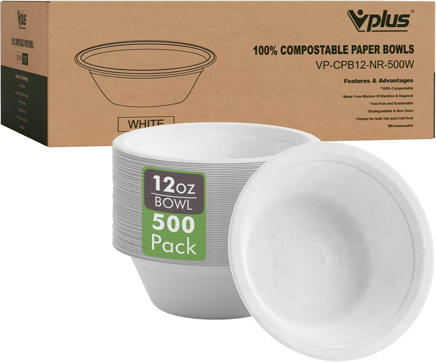 Vplus 500 Pack 12 OZ Paper Bowls - Eco-friendly Compostable Bowls