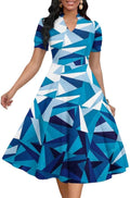 Womens Short Puff Sleeve V Neck A-Line Dress - Comfortable Stretch Fit