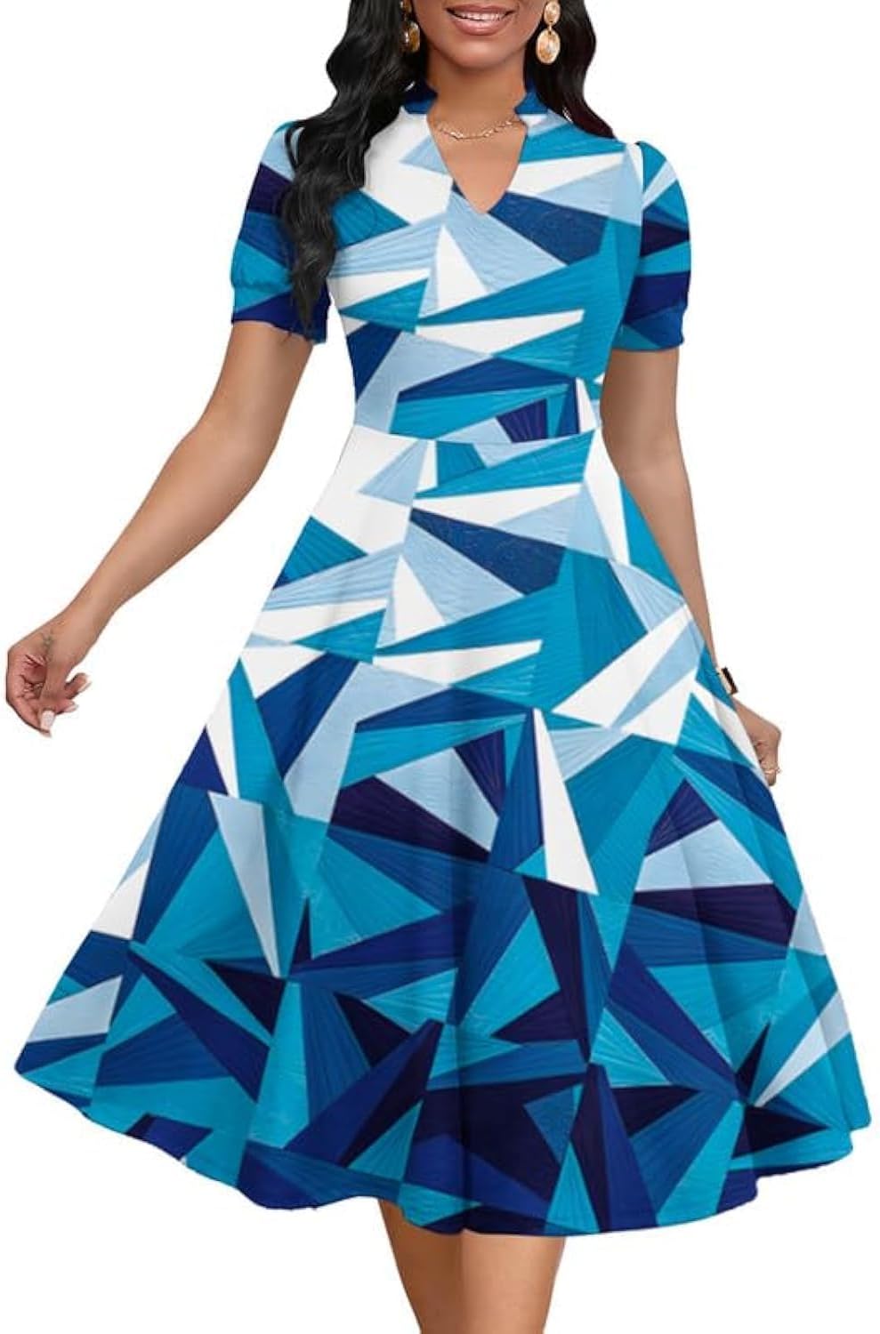 Womens Short Puff Sleeve V Neck Casual Cocktail A-Line Dress