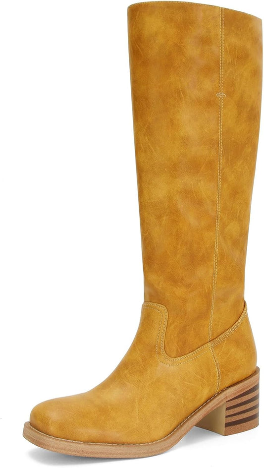 Womens Banana Knee High Boots Comfortable Block Heel Riding Boots