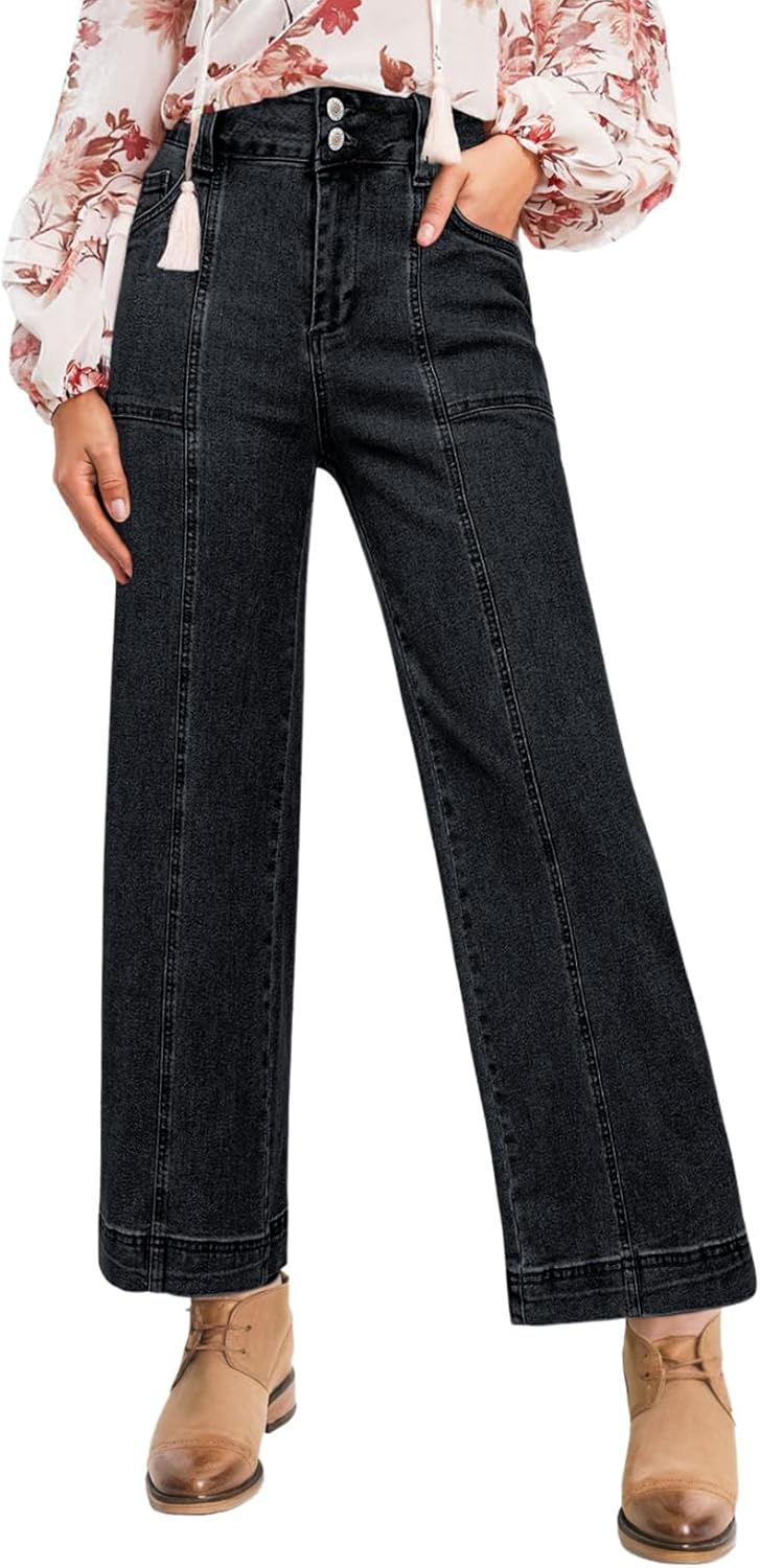 Astylish Womens High Waisted Wide Leg Cropped Denim Jeans