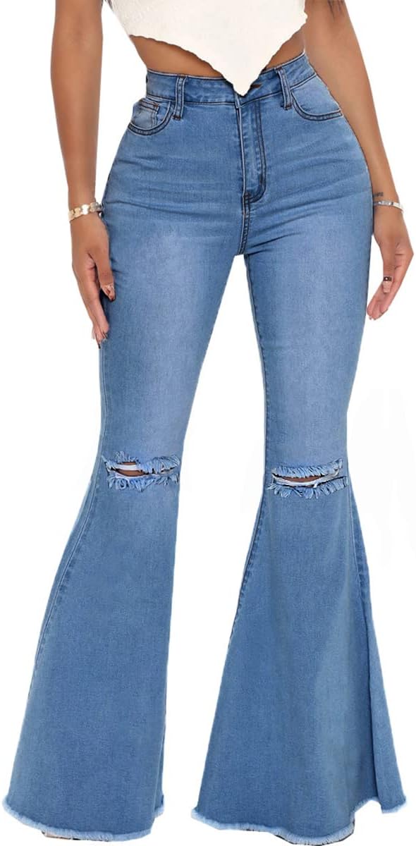 Ripped High Waisted Bell Bottom Jeans for Women Flared Denim
