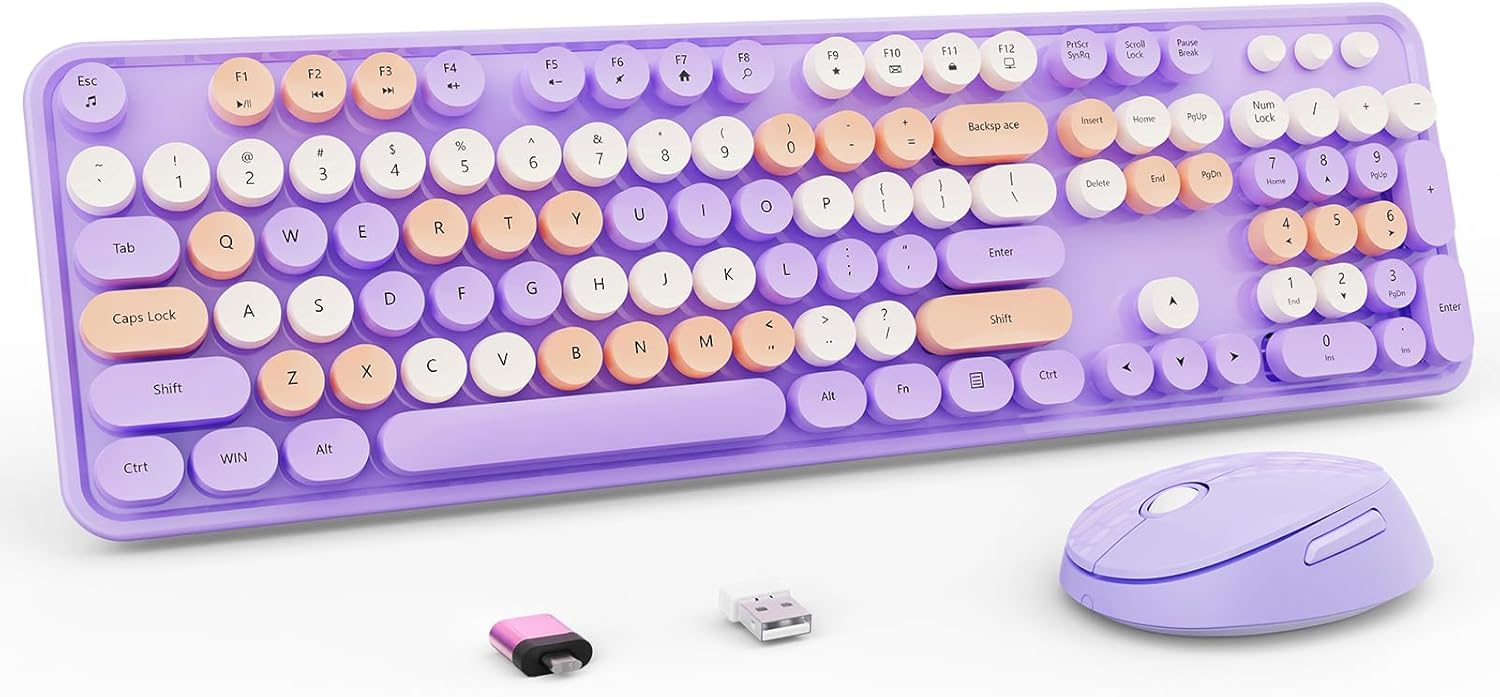 Retro Typewriter Wireless Combo, Ergonomic & Stylish, Purple - Ideal for PC & Office