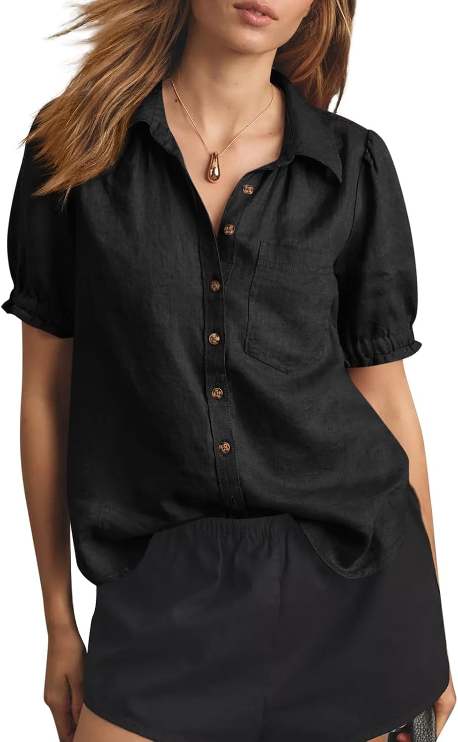 Cicy Bell Womens Puff Sleeve Button Down Summer Blouse Tops