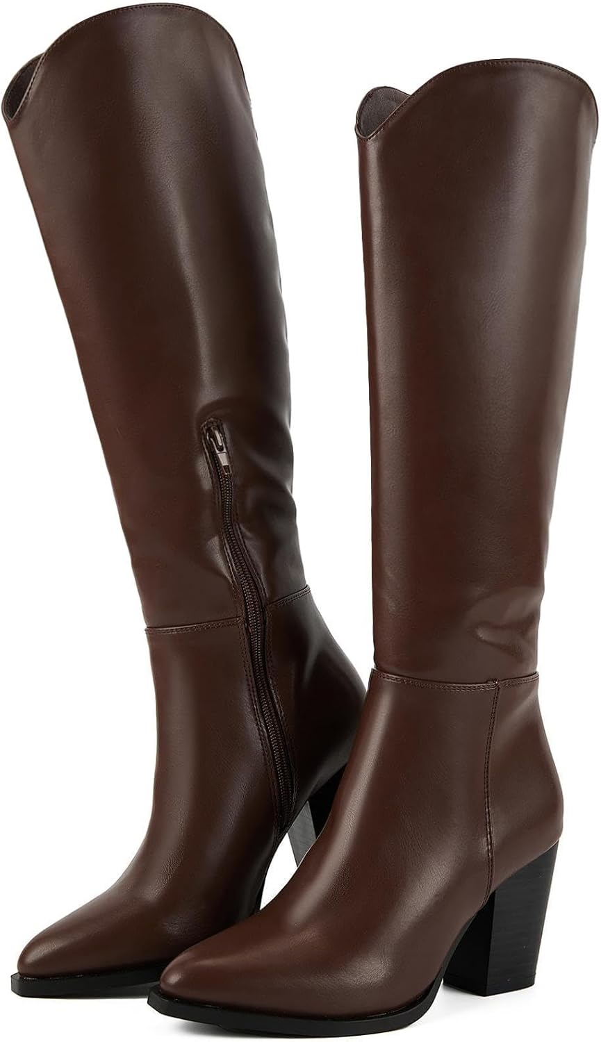 Putu Women's Knee High Boots with Chunky Heel and Pointed Toe