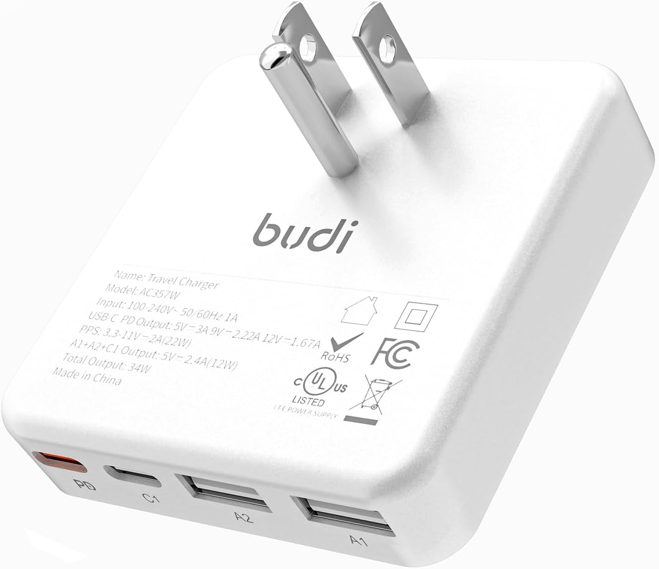 BUDI 34W USB C Wall Charger: Fast Charging for iPhone & Tablets
