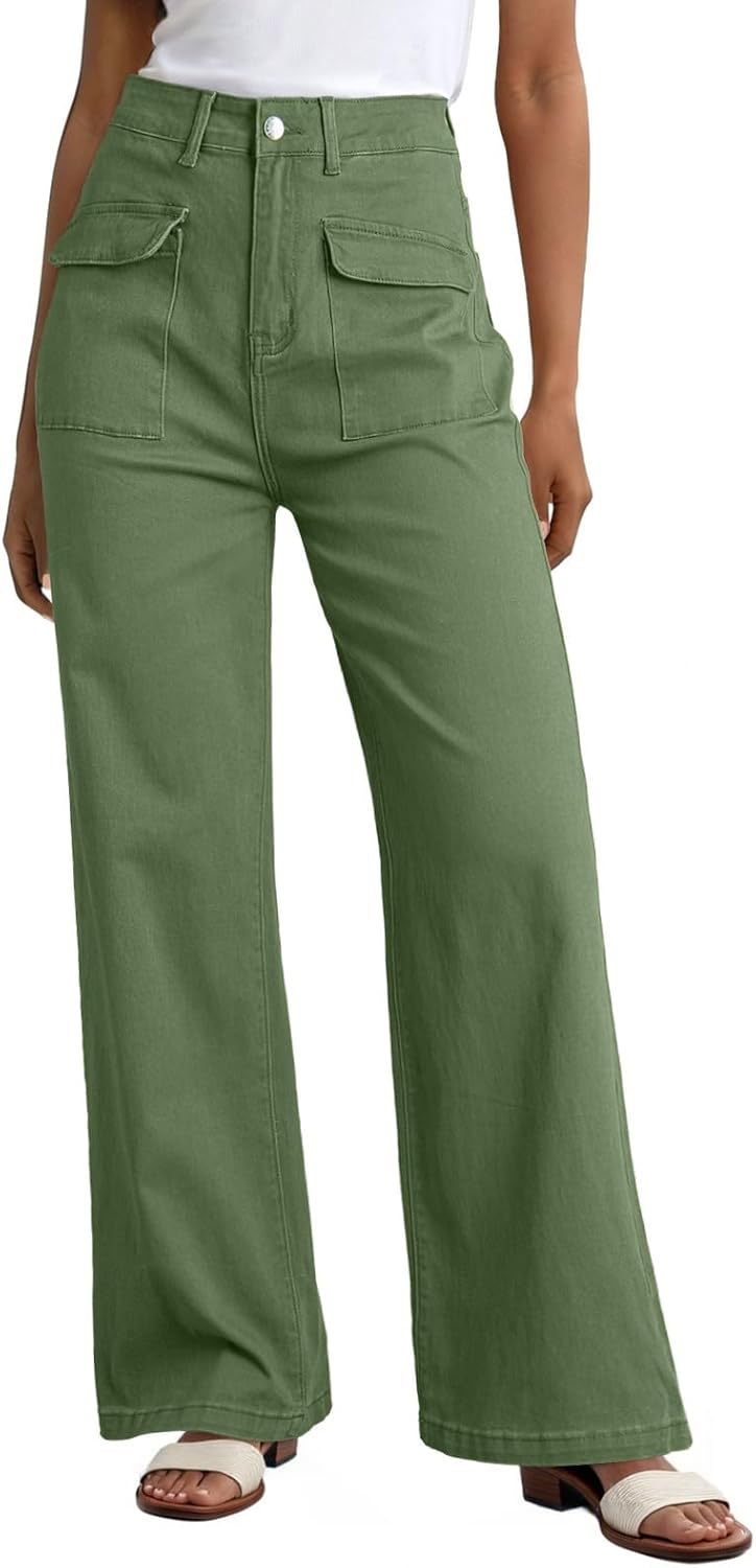 Dokotoo Womens Cargo Pants Baggy Wide Leg High Waist Jean Stretch