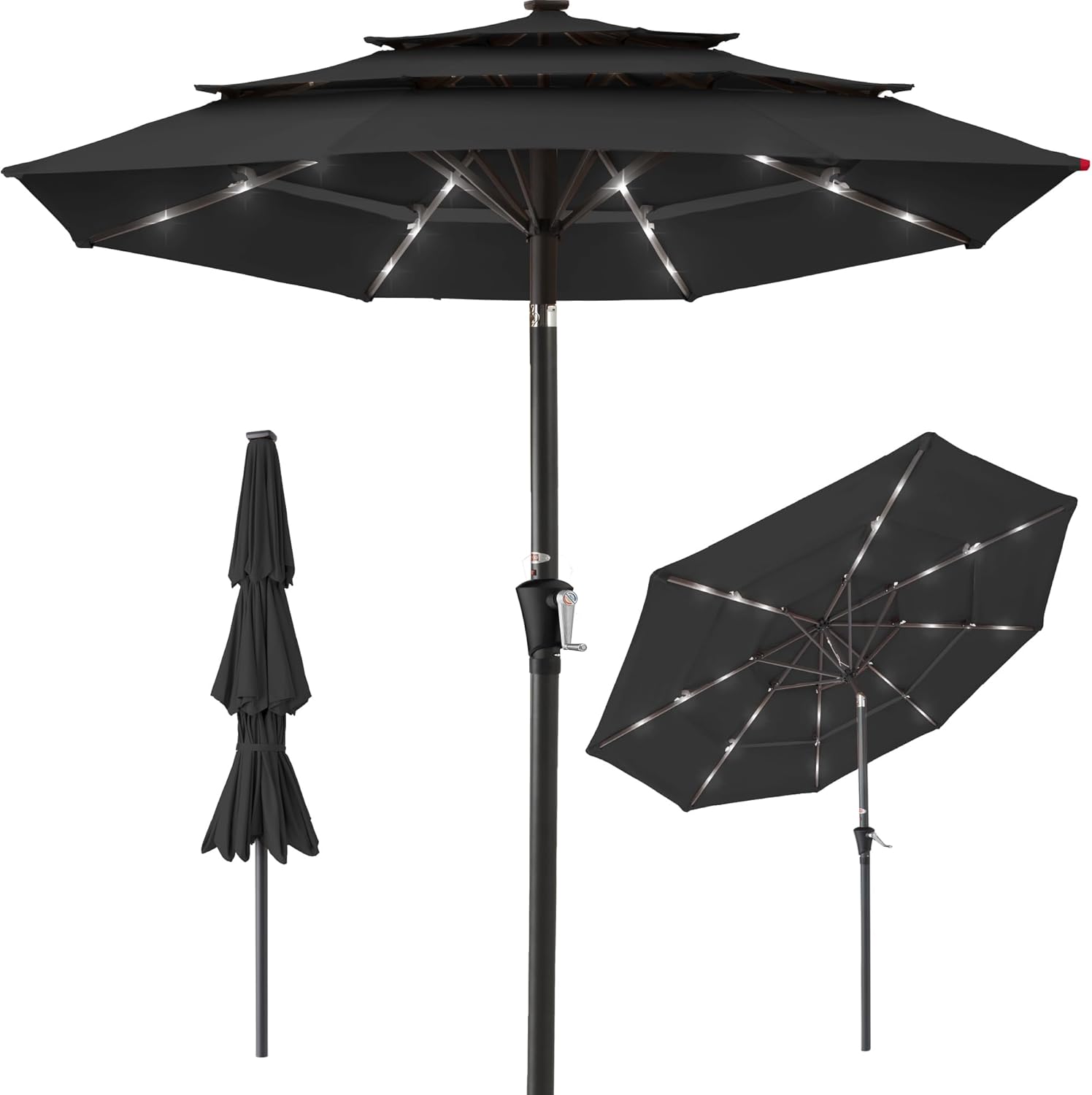 10ft 3-Tier Solar Patio Umbrella with LED Lights for Shade