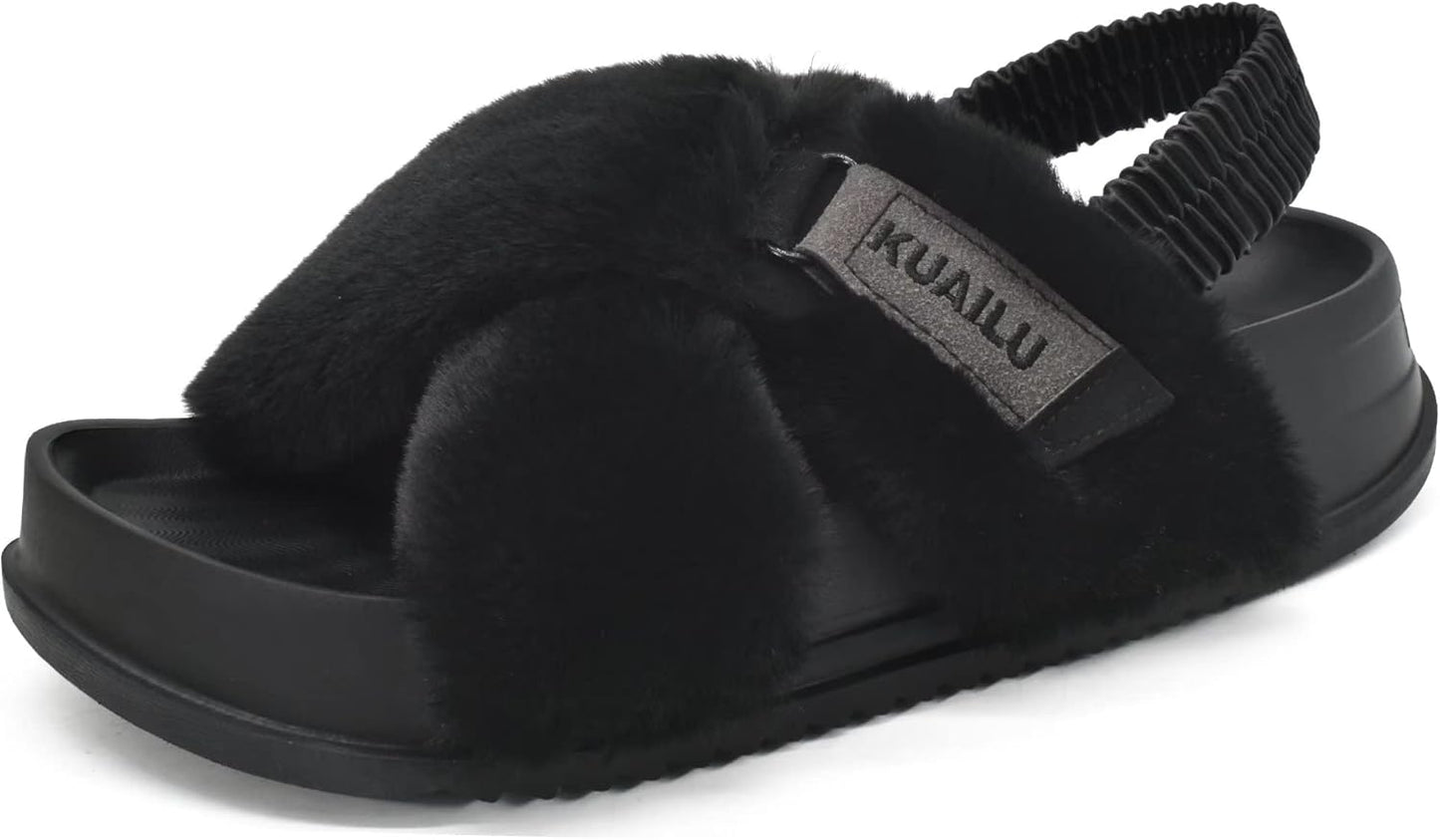 KuaiLu Womens Fuzzy Criss Cross Band Platform Slippers Review