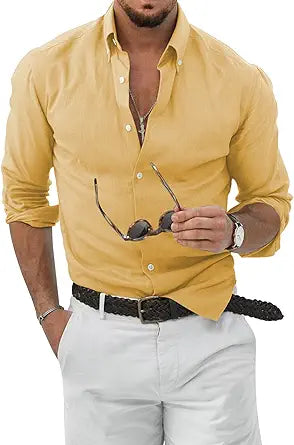 JMIERR Men's Cotton Linen Button Down Shirt for Casual Style