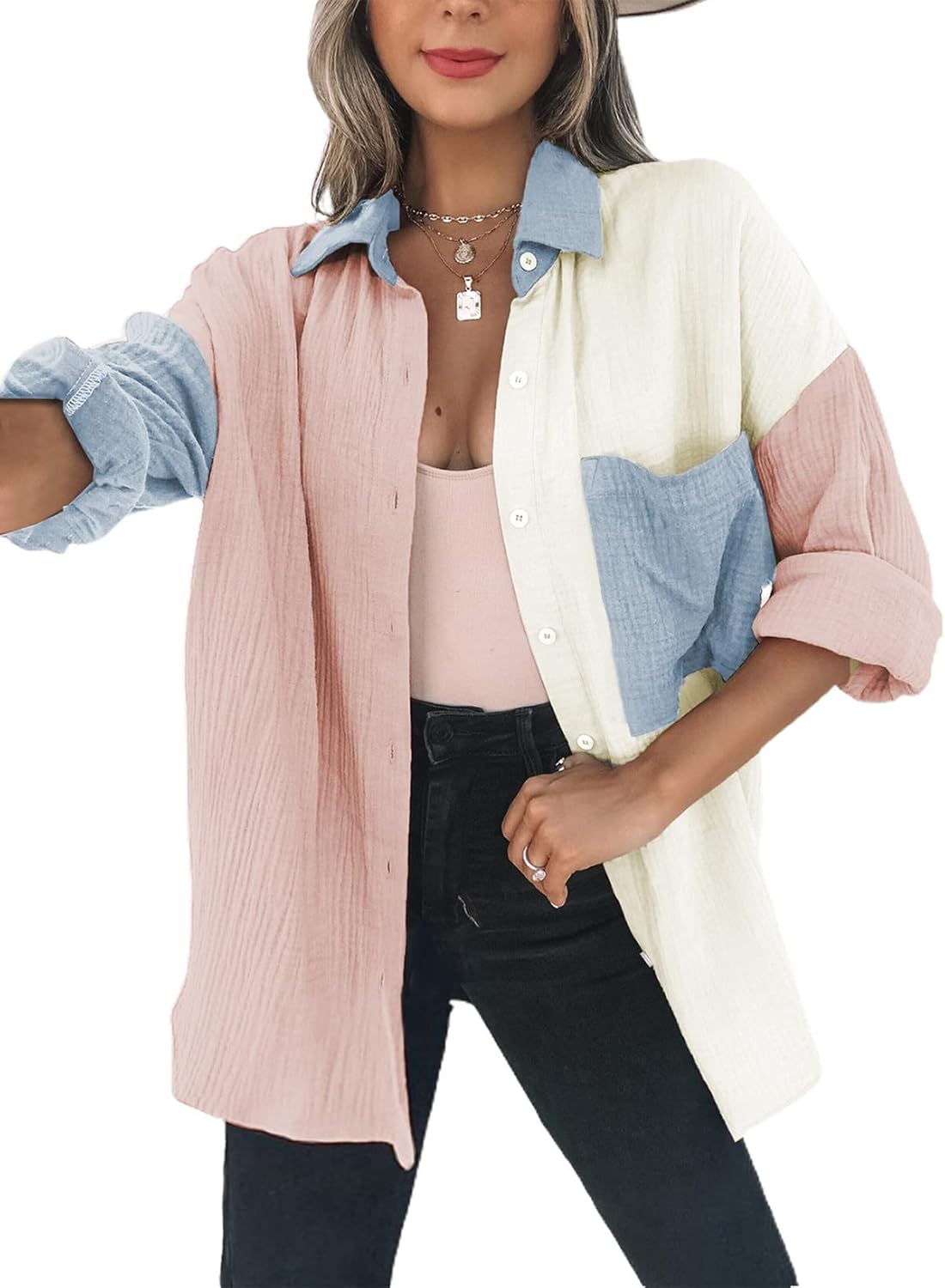 Dokotoo Womens Color Block Button Down Oversized Blouses
