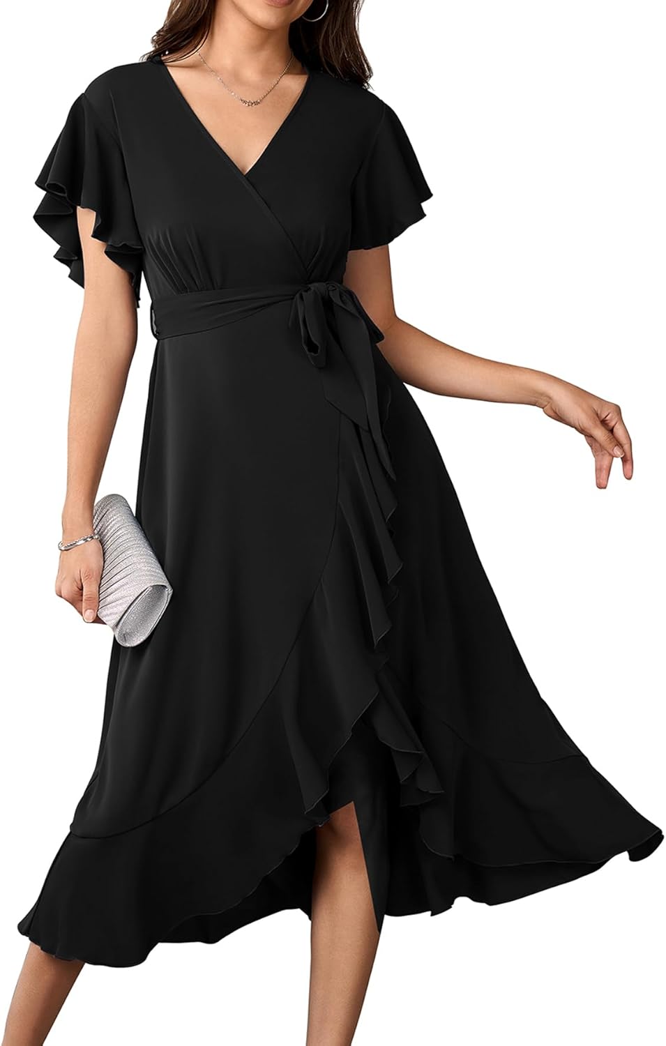 Womens Wedding Guest Midi Dress with Flutter Sleeves and V Neck