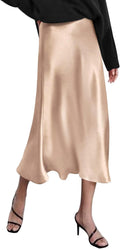 Womens High Waisted Satin Midi Skirt - Elegant Slim Fit