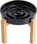Black Elevated Ceramic Slow Feeder Dog Bowl with Wood Stand - Slow