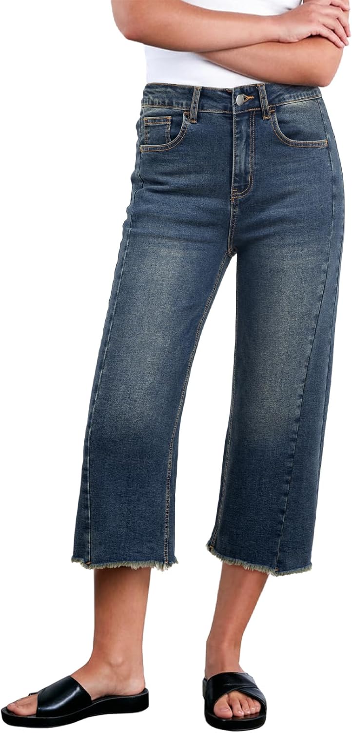 Sidefeel Women's Capri Jeans High Waisted Wide Leg Stylish Fit
