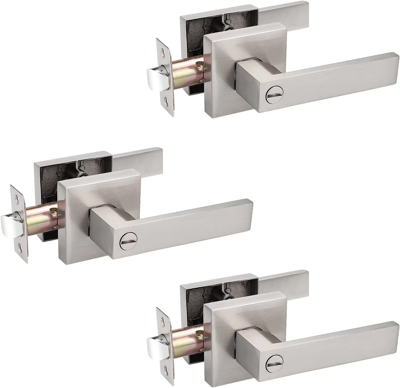 Probrico 3 Pack Square Door Lever Privacy Lockset in Satin Nickel