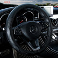 Black Leather Steering Wheel Cover Cowhide L - Secure Grip for 15.5in