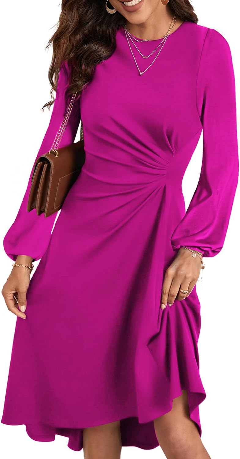 Happy Sailed Women's Long Sleeve Ruched Waist Midi Dress