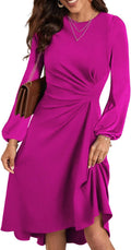 Women's Long Sleeve Ruched Waist High Low Midi Cocktail Dress