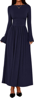 Long Sleeve Maxi Dress Ruched Boat Neck - Elegant Fall 2025