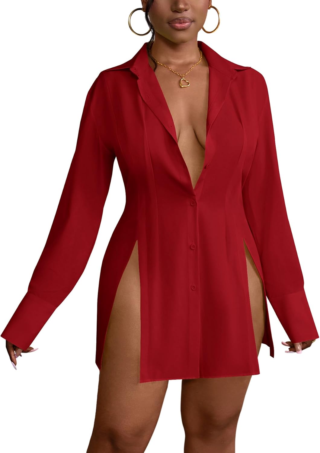 LYANER Women's Sexy V Neck Long Sleeve Button Down Shirt Dress