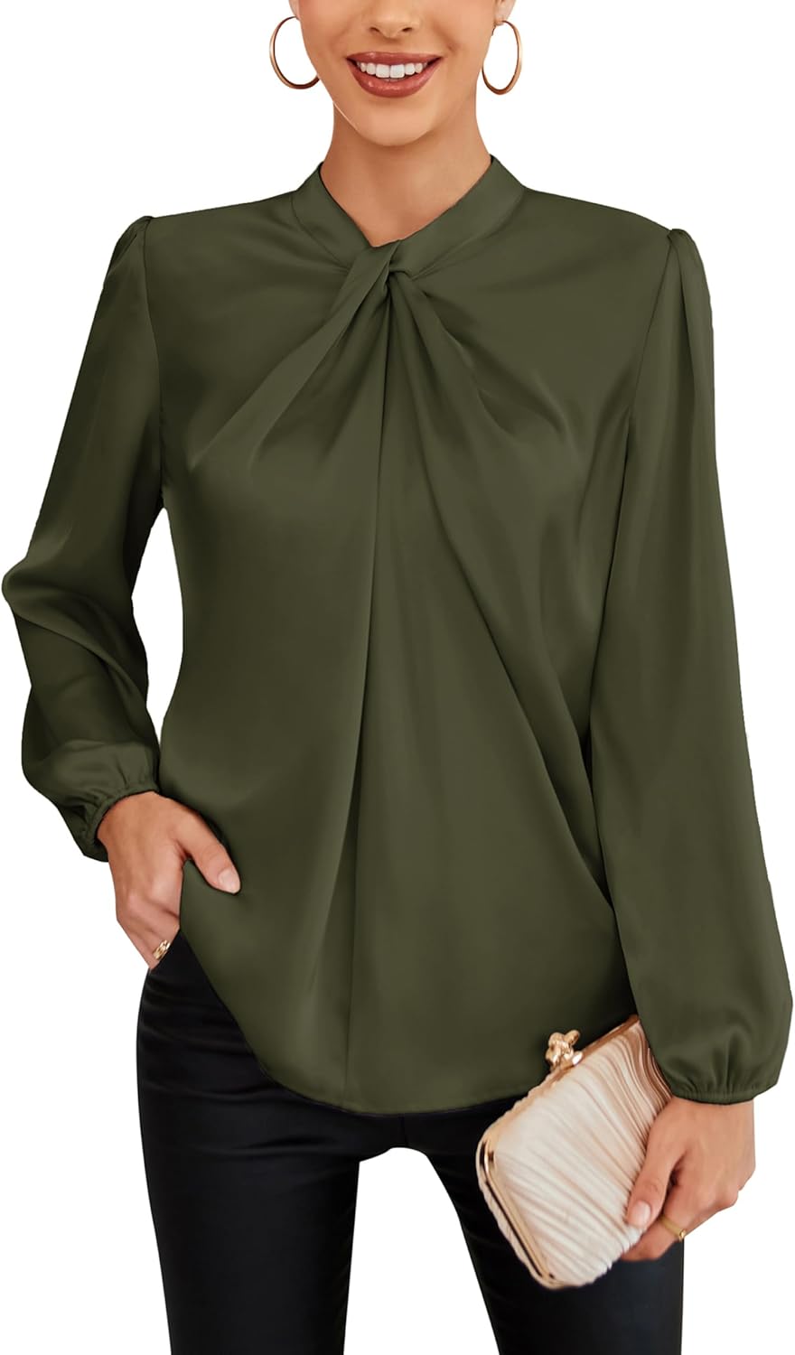 GRACE KARIN Women's Long Sleeve Mock Neck Satin Blouse Tops