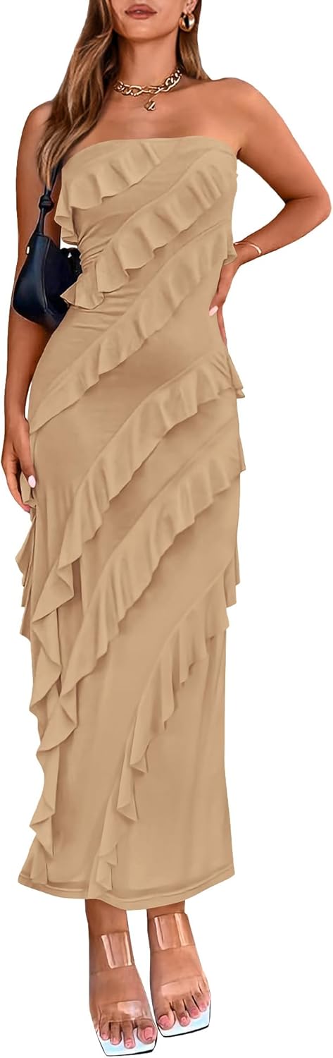 Elegant Strapless Midi Ruched Bodycon Dress for Women