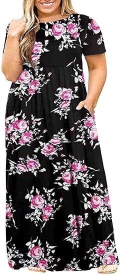 Kancystore Women's Short Sleeve Plus Size Maxi Dress with Pockets