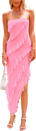 Summer Wedding Guest Dresses for Women Strapless Ruffle Maxi