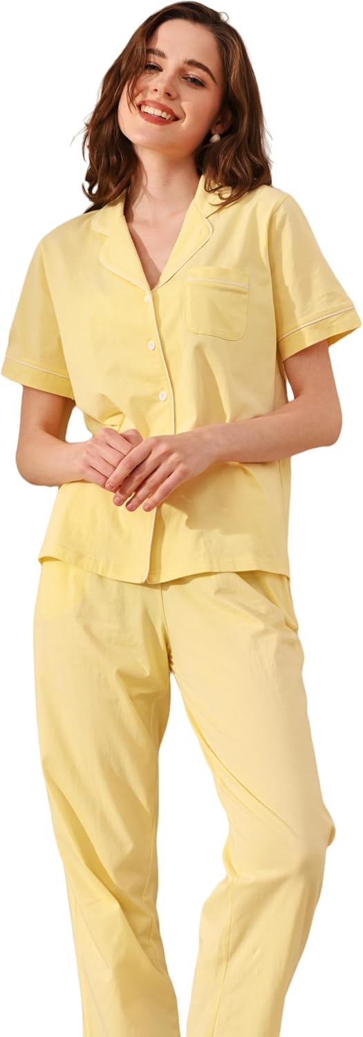 100% Cotton Pajamas for Women - Soft Sleepwear Set with Pockets